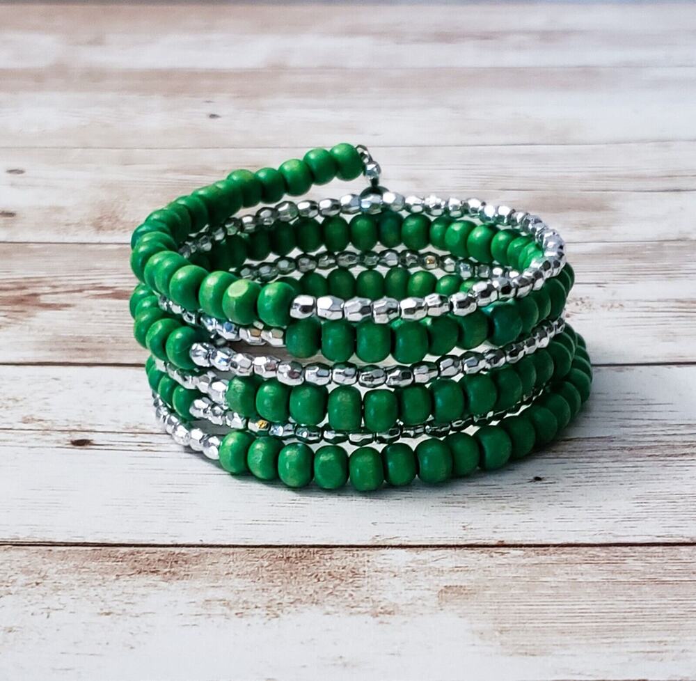 Vintage Wrap Bracelet / Bangle Green & Silver Tone